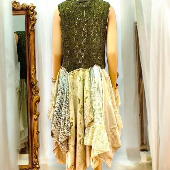 Green Crochet Vest  Multi Colored Long Asymmetrical Trim Kimono Cardigan NEW - Picture 4 of 4